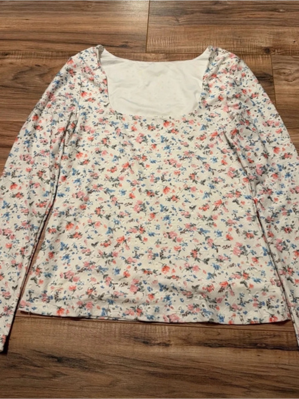 SHEIN White Floral Scoop-Neck Long Sleeve Top